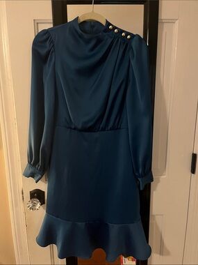 Maggy London Teal Long-Sleeve Satin Dress with Button Detail size 4